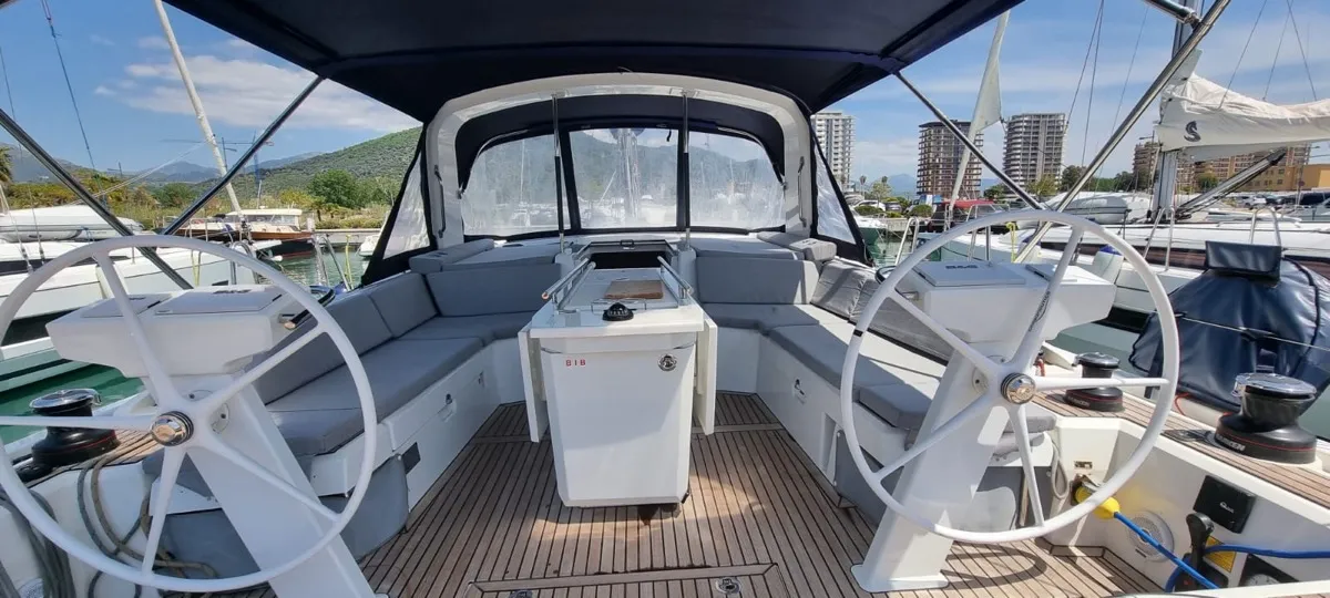 Cockpit of Sceptrum, a Beneteau Oceanis 46.1 sailboat at Salerno, Italy