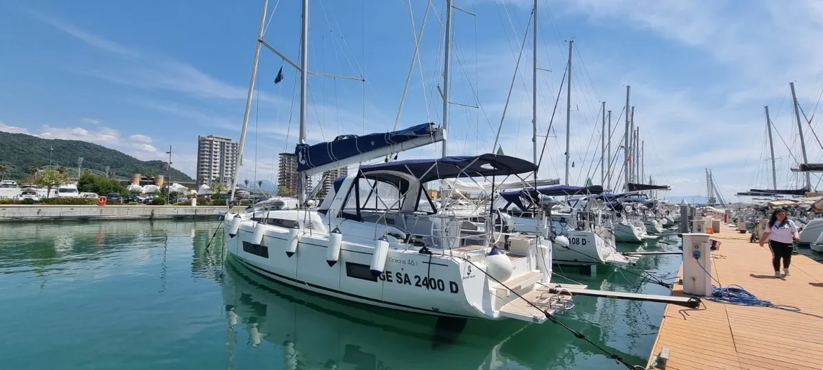 Exterior view of Sceptrum, a Beneteau Oceanis 46.1 sailboat at Salerno, Italy