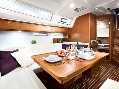 Salon of White Cloud, a Bavaria Cruiser 46 sailboat at Marmaris, Turkey
