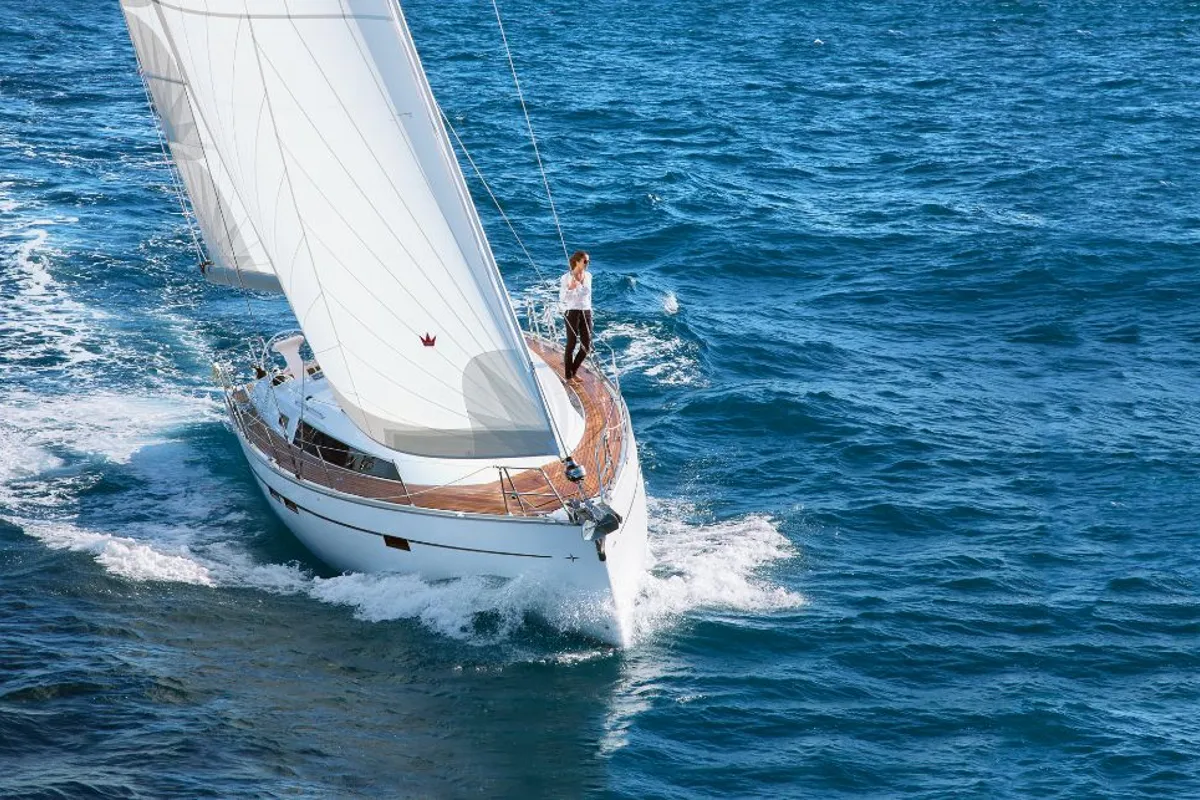 Exterior view of White Cloud, a Bavaria Cruiser 46 sailboat at Marmaris, Turkey