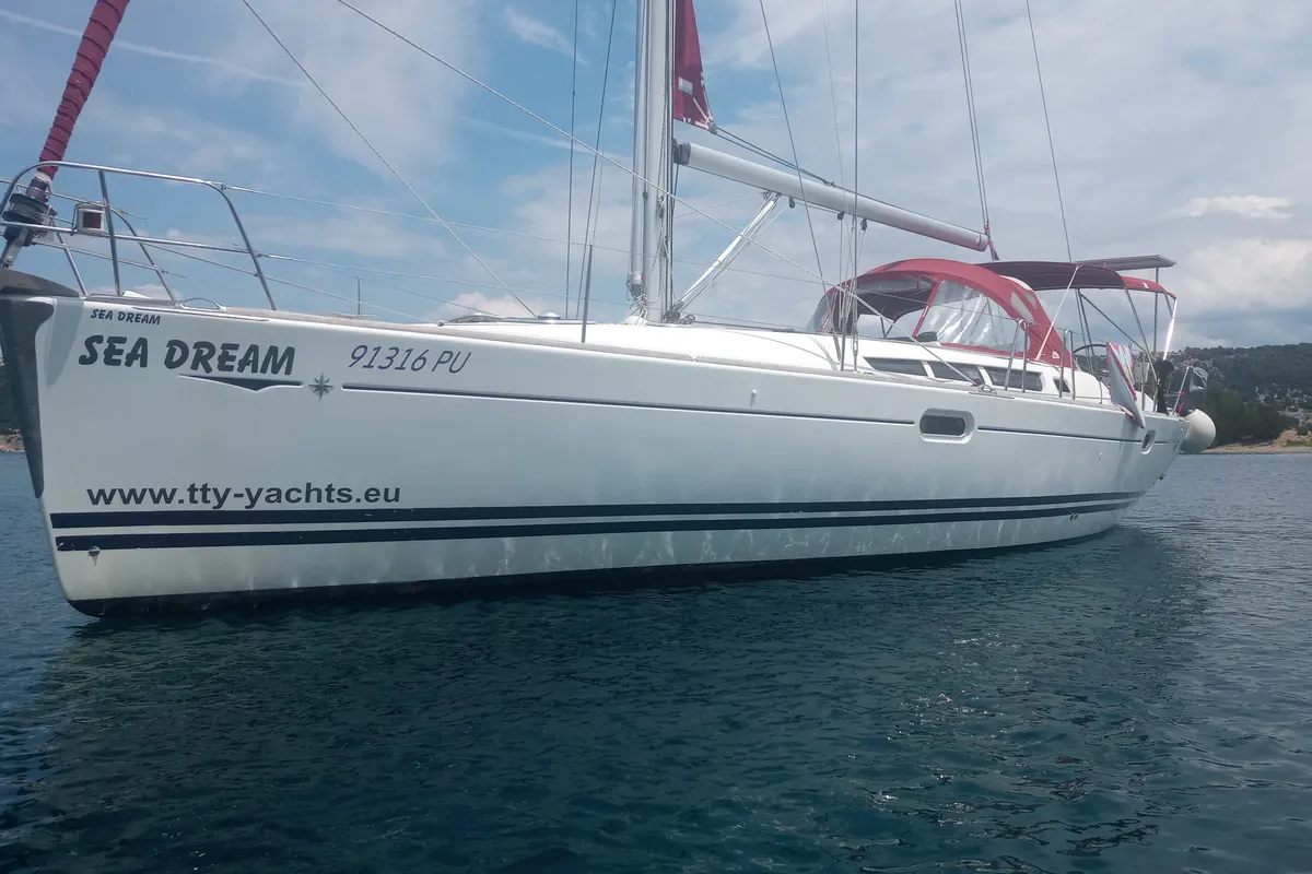 Exterior view of Sea Dream, a Jeanneau Sun Odyssey 45 sailboat at Općina Sukošan, Croatia