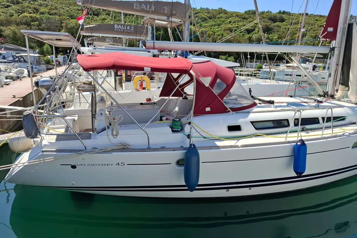 Exterior view of Sea Dream, a Jeanneau Sun Odyssey 45 sailboat at Općina Sukošan, Croatia