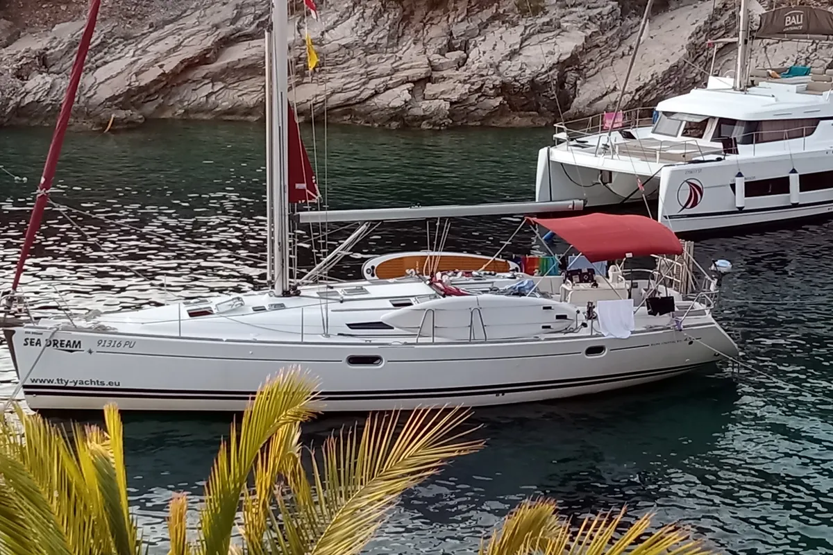 Exterior view of Sea Dream, a Jeanneau Sun Odyssey 45 sailboat at Općina Sukošan, Croatia