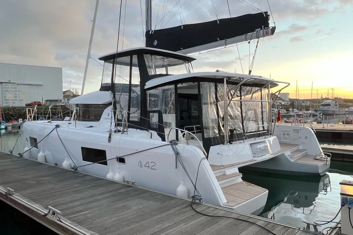 Exterior view of Dream of Liberty, a Lagoon 42 catamaran at Grad Biograd na Moru, Croatia