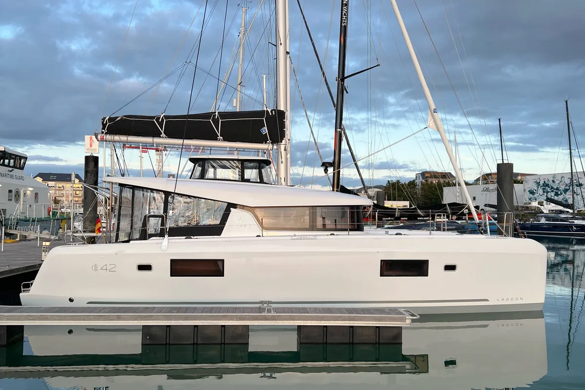 Exterior view of Dream of Liberty, a Lagoon 42 catamaran at Grad Biograd na Moru, Croatia