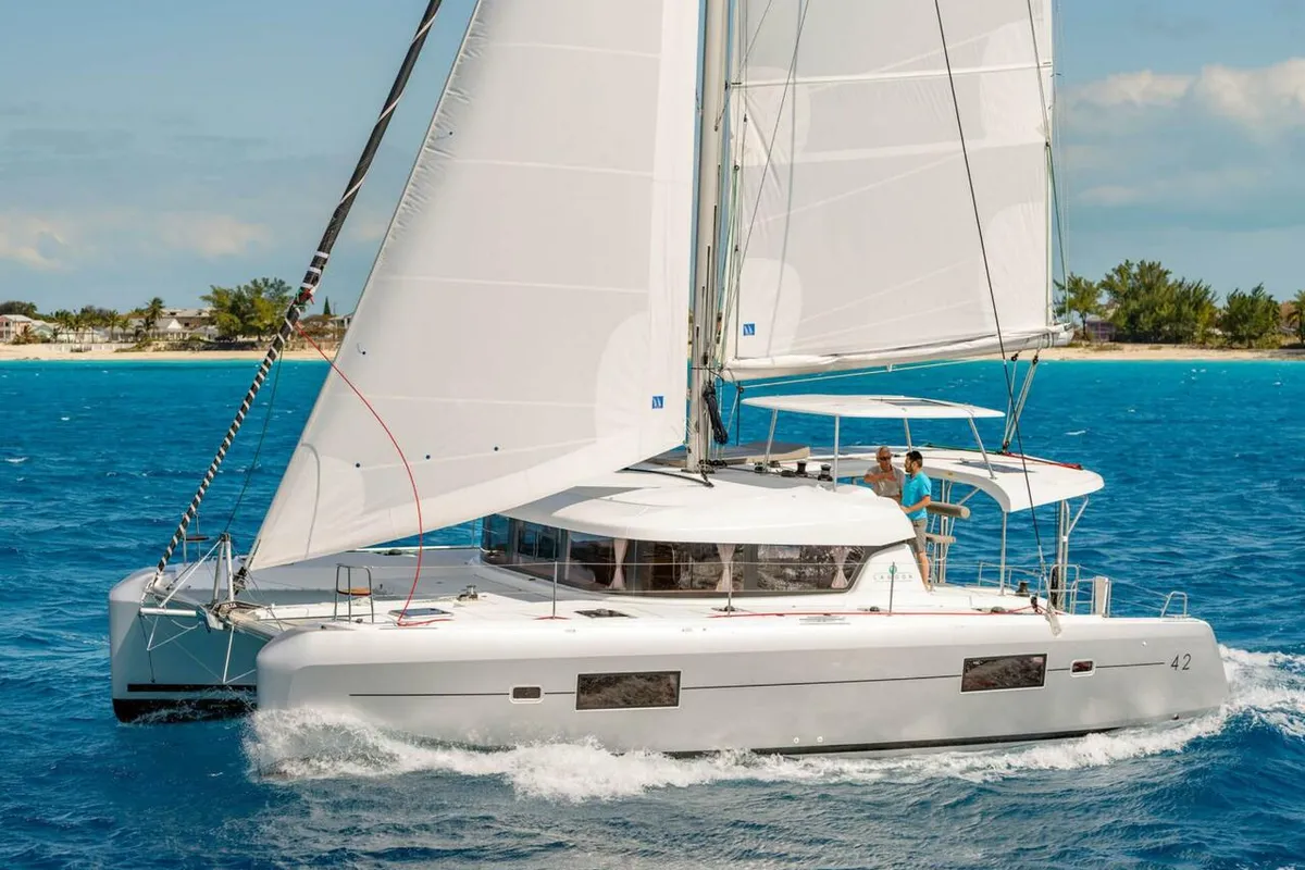 Exterior view of Dream of Liberty, a Lagoon 42 catamaran at Grad Biograd na Moru, Croatia