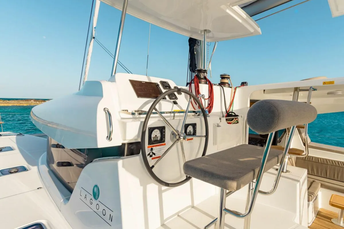 Cockpit of Dream of Liberty, a Lagoon 42 catamaran at Grad Biograd na Moru, Croatia
