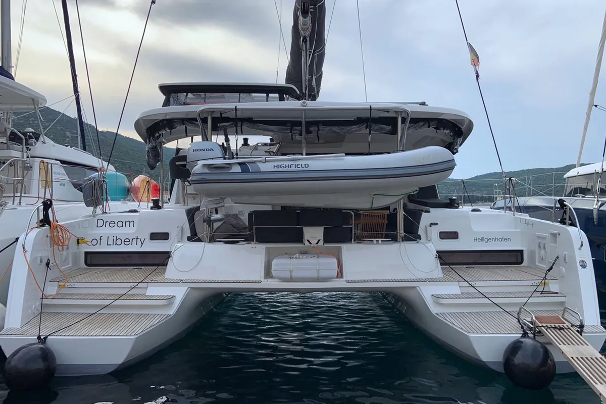 Exterior view of Dream of Liberty, a Lagoon 42 catamaran at Biograd na Moru, Croatia