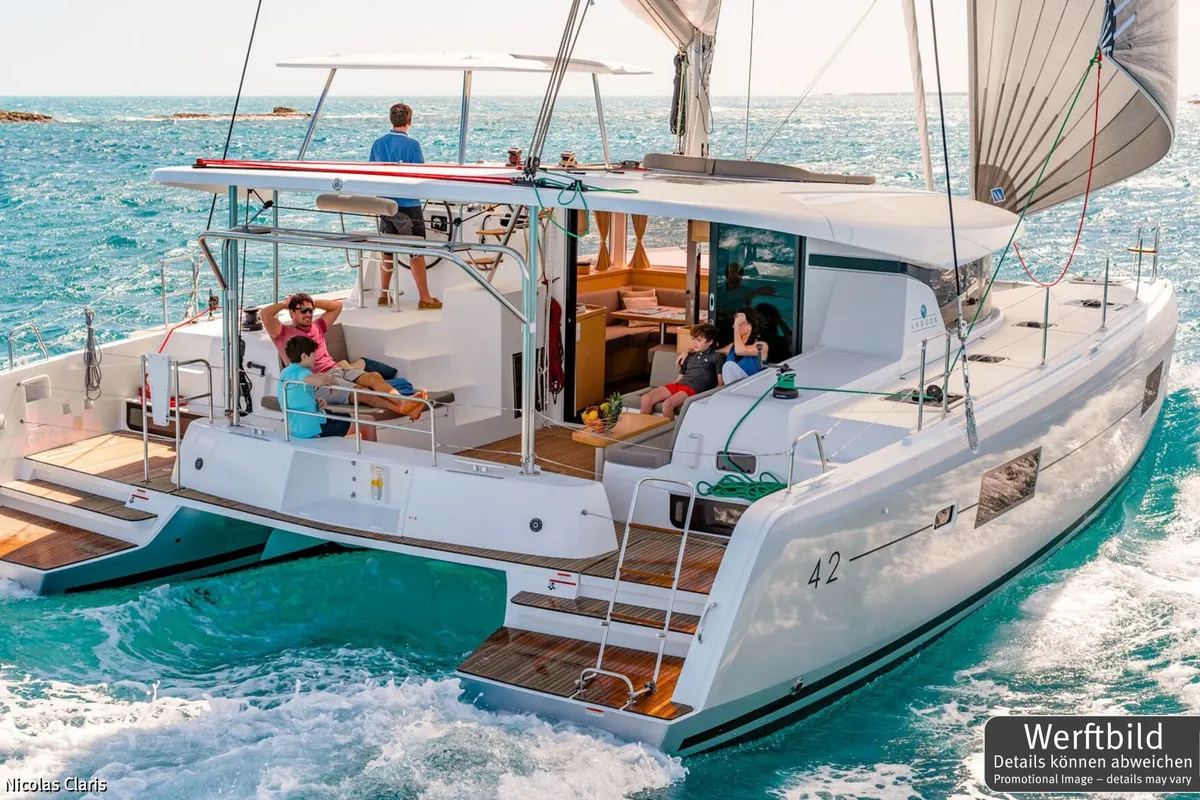 Exterior view of Dream of Liberty, a Lagoon 42 catamaran at Biograd na Moru, Croatia