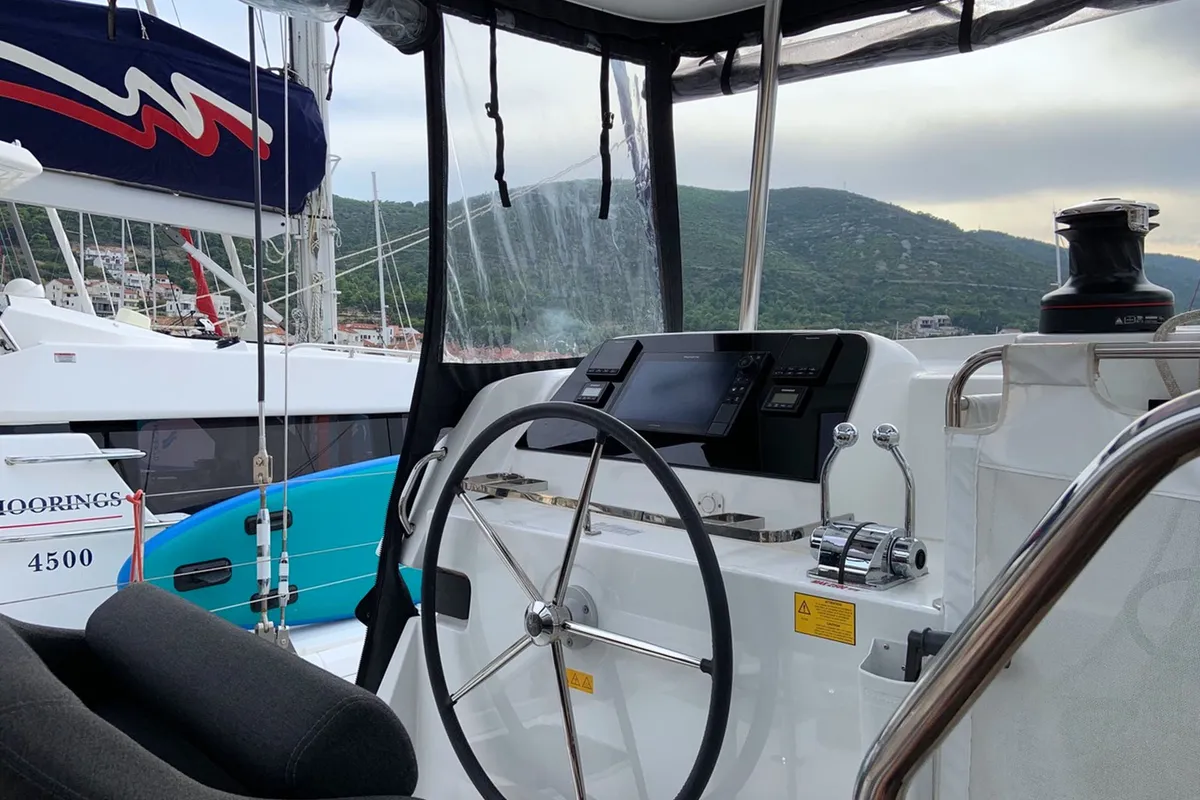 Cockpit of Dream of Liberty, a Lagoon 42 catamaran at Biograd na Moru, Croatia