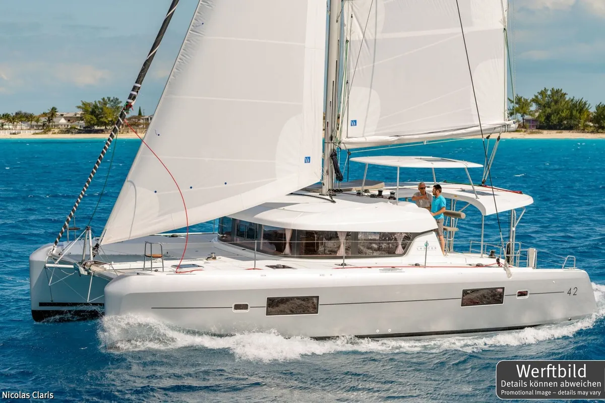 Exterior view of Dream of Liberty, a Lagoon 42 catamaran at Biograd na Moru, Croatia