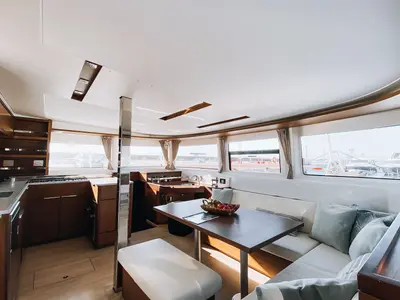Salon of Sea Energy I, a Lagoon 46 catamaran at Athens, Greece