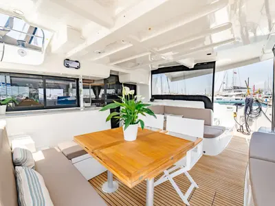 Deck of Sea Energy I, a Lagoon 46 catamaran at Athens, Greece