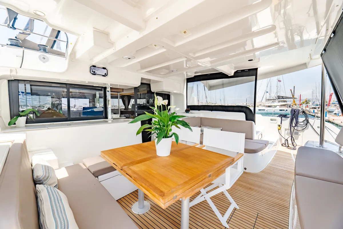 Deck of Sea Energy I, a Lagoon 46 catamaran at Athens, Greece