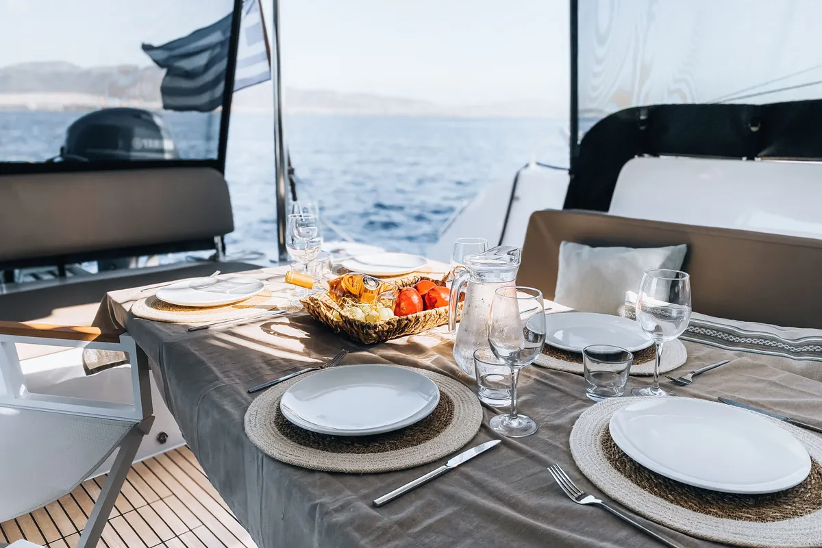 Deck of Sea Energy I, a Lagoon 46 catamaran at Athens, Greece