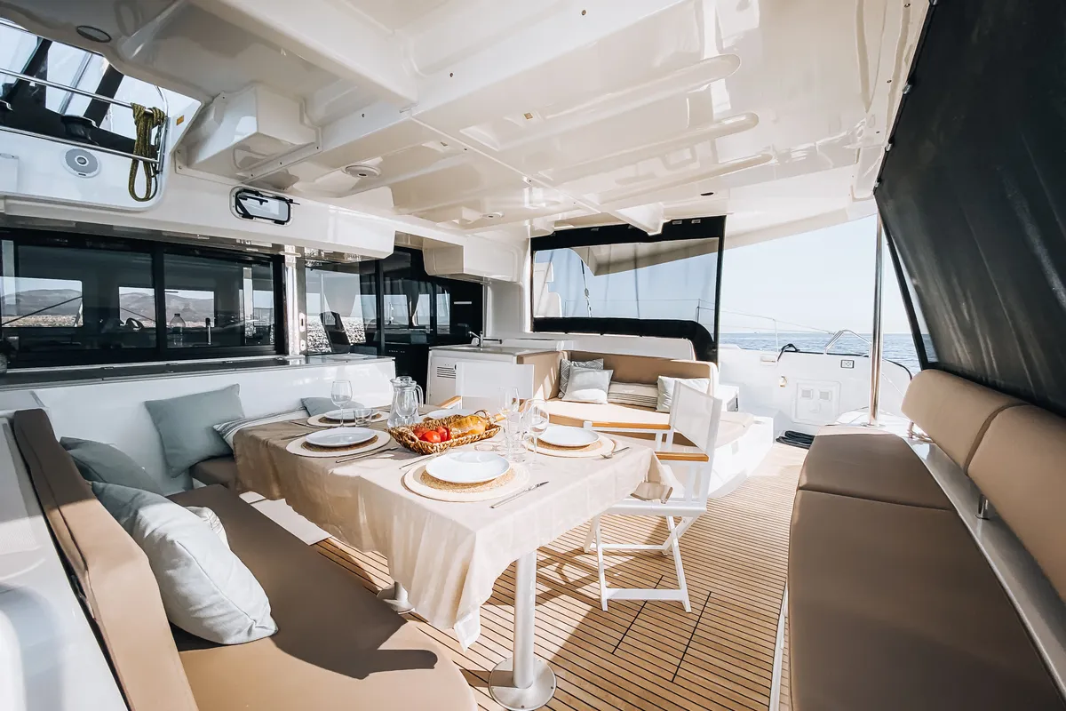 Deck of Sea Energy I, a Lagoon 46 catamaran at Athens, Greece