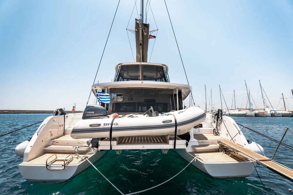 Exterior view of Sea Energy I, a Lagoon 46 catamaran at Athens, Greece