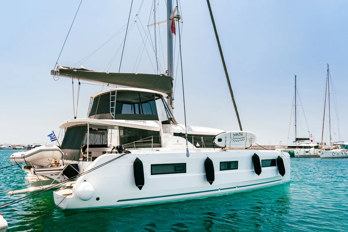 Exterior view of Sea Energy I, a Lagoon 46 catamaran at Athens, Greece