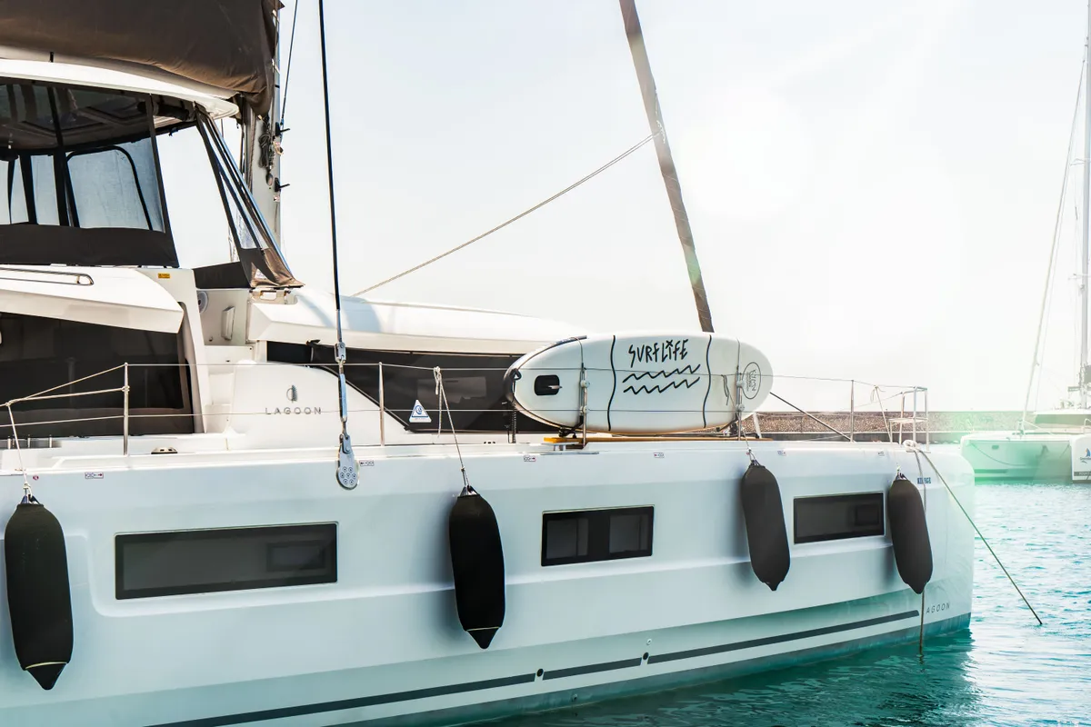 Exterior view of Sea Energy I, a Lagoon 46 catamaran at Athens, Greece