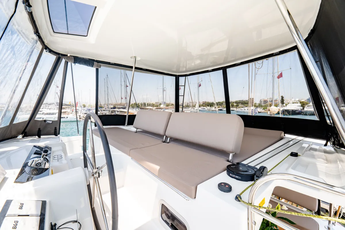 Cockpit of Sea Energy I, a Lagoon 46 catamaran at Athens, Greece
