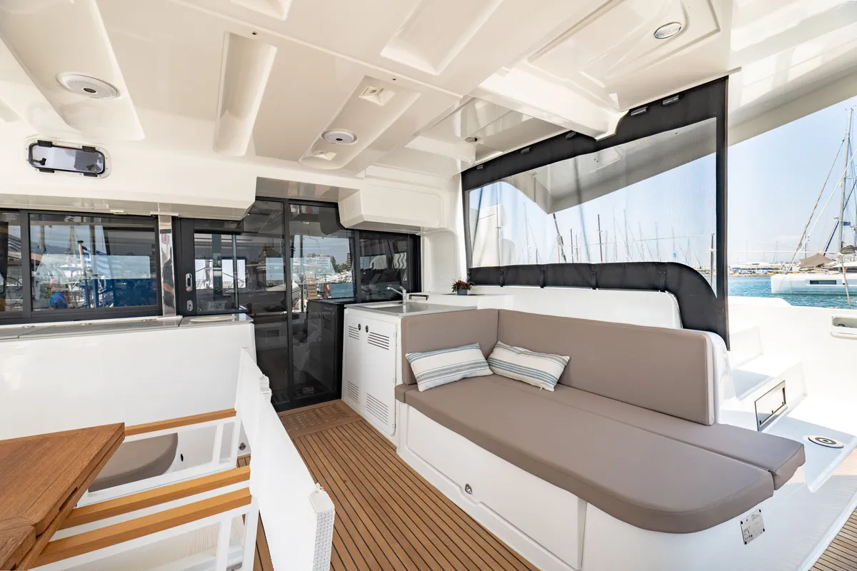 Deck of Sea Energy I, a Lagoon 46 catamaran at Athens, Greece