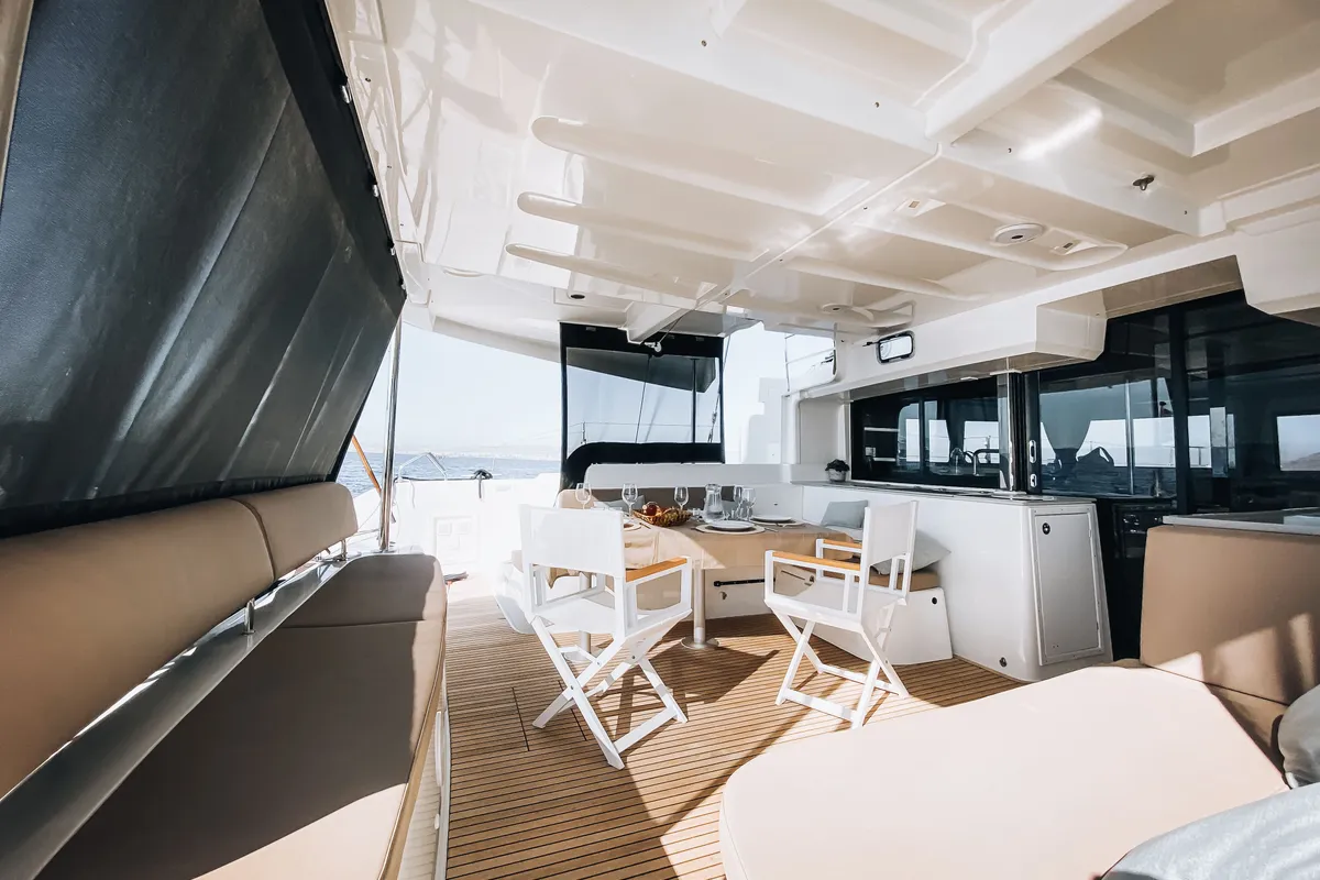 Deck of Sea Energy I, a Lagoon 46 catamaran at Athens, Greece