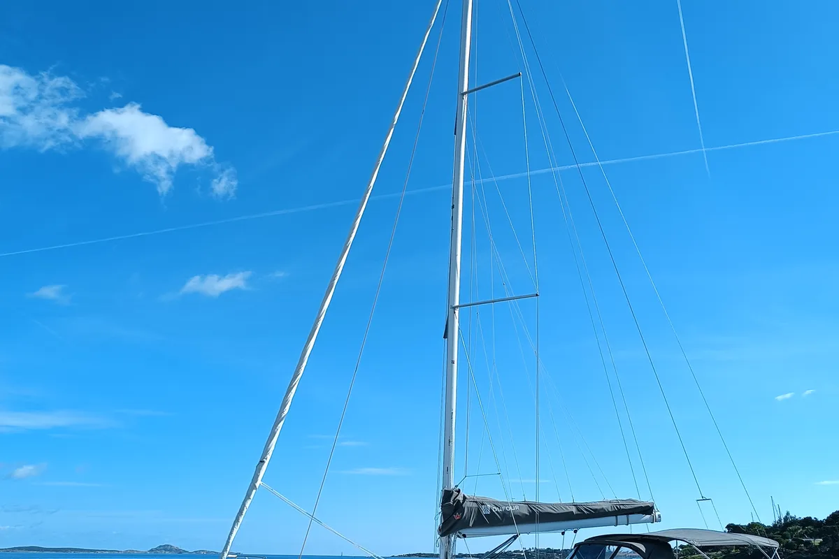 Exterior view of Rubens, a Dufour 390 sailboat at Olbia, Italy