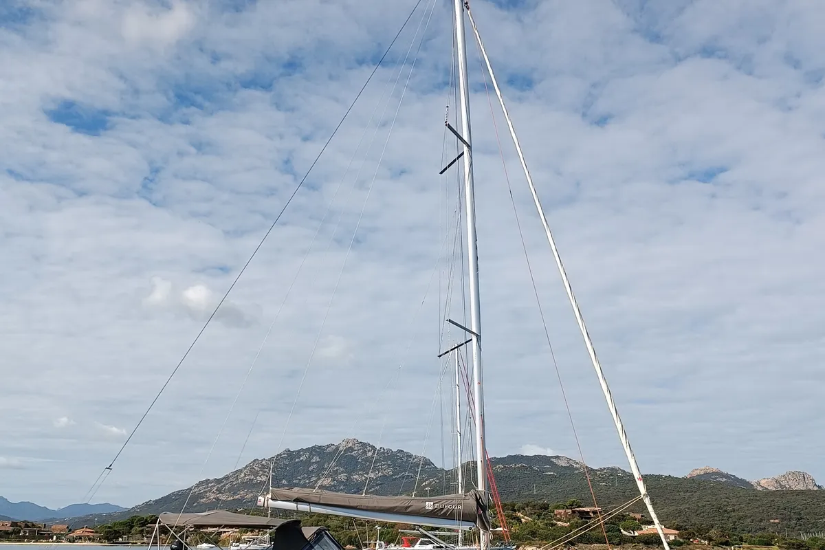Exterior view of Rubens, a Dufour 390 sailboat at Olbia, Italy