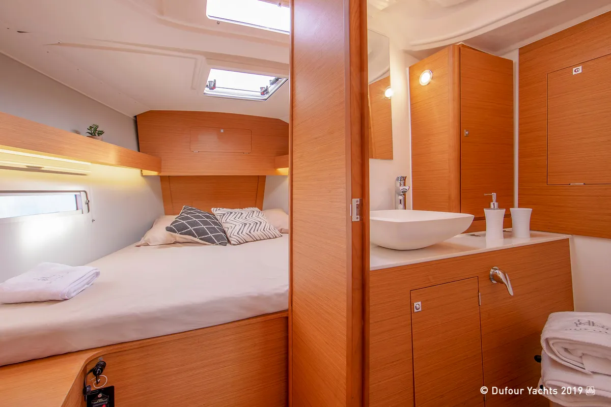 Cabin on Rubens, a Dufour 390 sailboat at Olbia, Italy