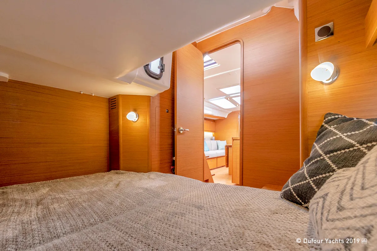 Cabin on Rubens, a Dufour 390 sailboat at Olbia, Italy