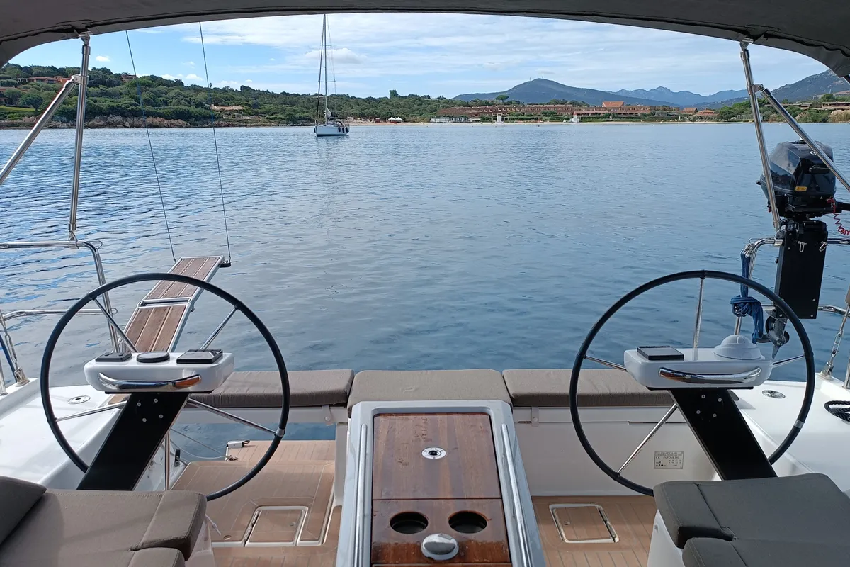 Cockpit of Rubens, a Dufour 390 sailboat at Olbia, Italy