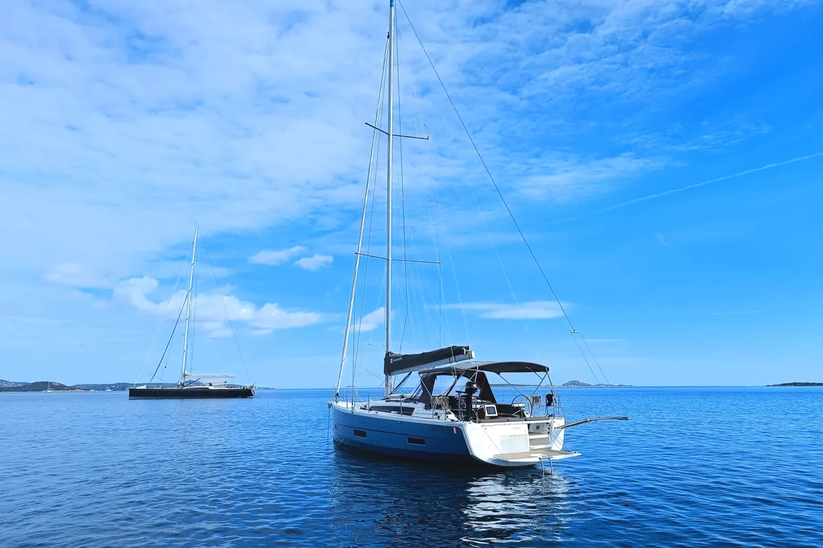 Exterior view of Rubens, a Dufour 390 sailboat at Olbia, Italy