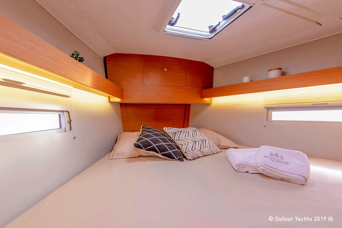 Cabin on Rubens, a Dufour 390 sailboat at Olbia, Italy