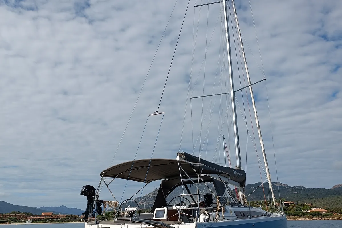 Exterior view of Rubens, a Dufour 390 sailboat at Olbia, Italy