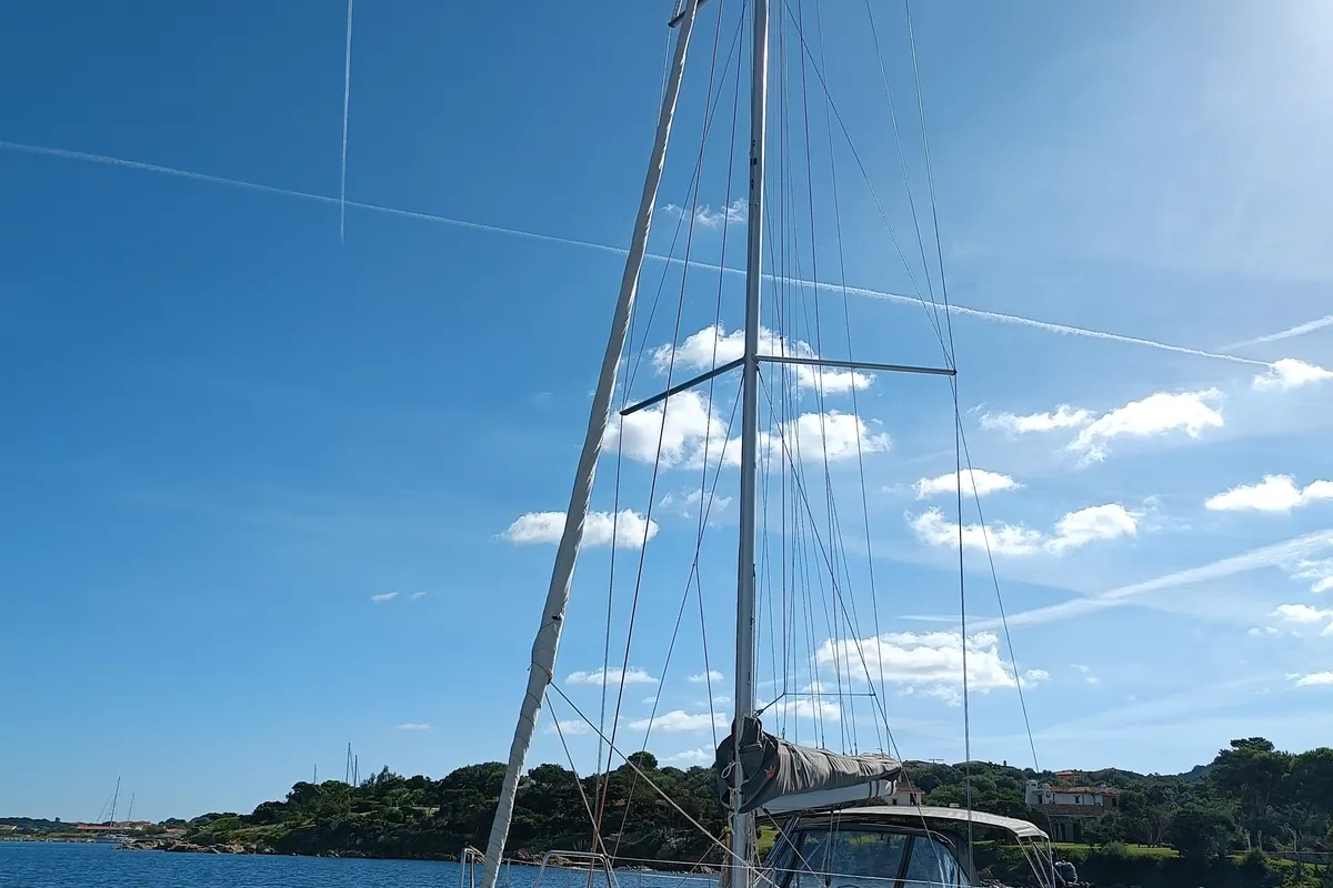 Exterior view of Rubens, a Dufour 390 sailboat at Olbia, Italy