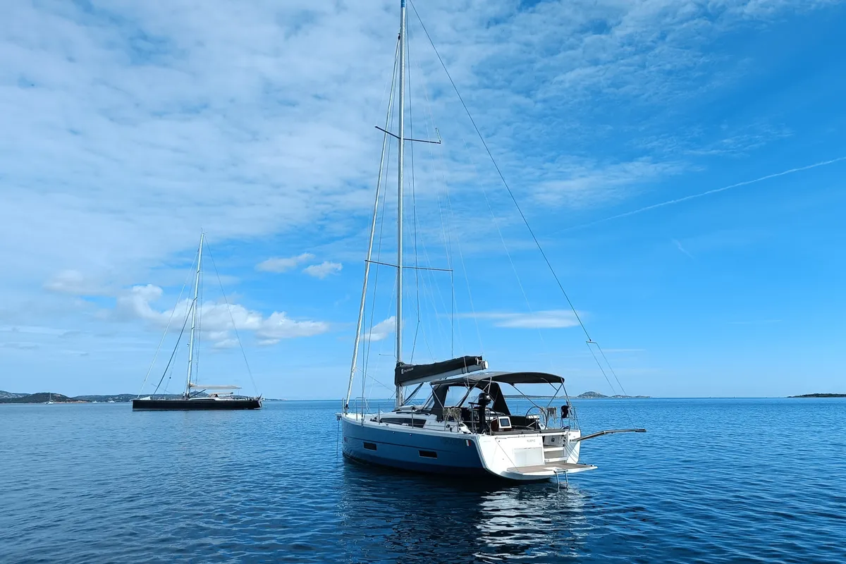 Exterior view of Rubens, a Dufour 390 sailboat at Olbia, Italy