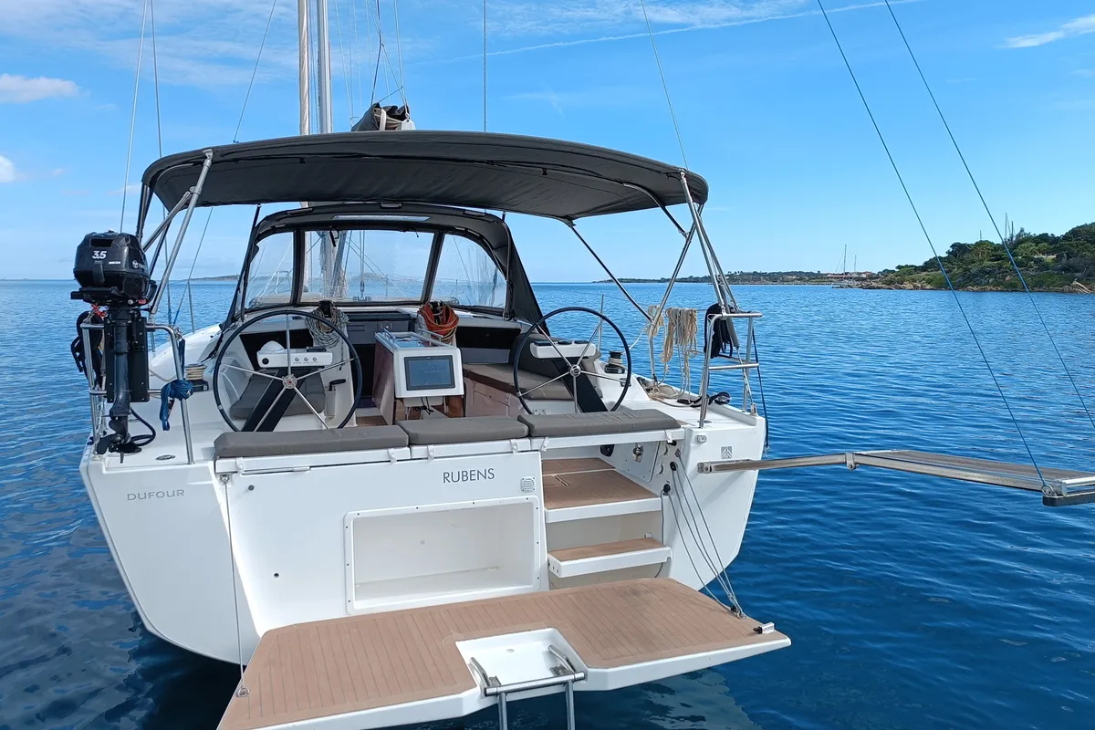 Exterior view of Rubens, a Dufour 390 sailboat at Olbia, Italy
