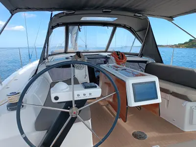 Cockpit of Rubens, a Dufour 390 sailboat at Olbia, Italy
