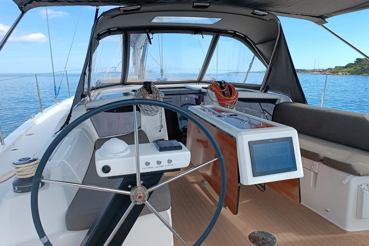 Cockpit of Rubens, a Dufour 390 sailboat at Olbia, Italy