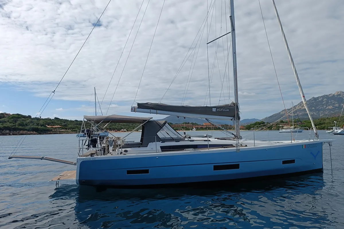 Exterior view of Rubens, a Dufour 390 sailboat at Olbia, Italy