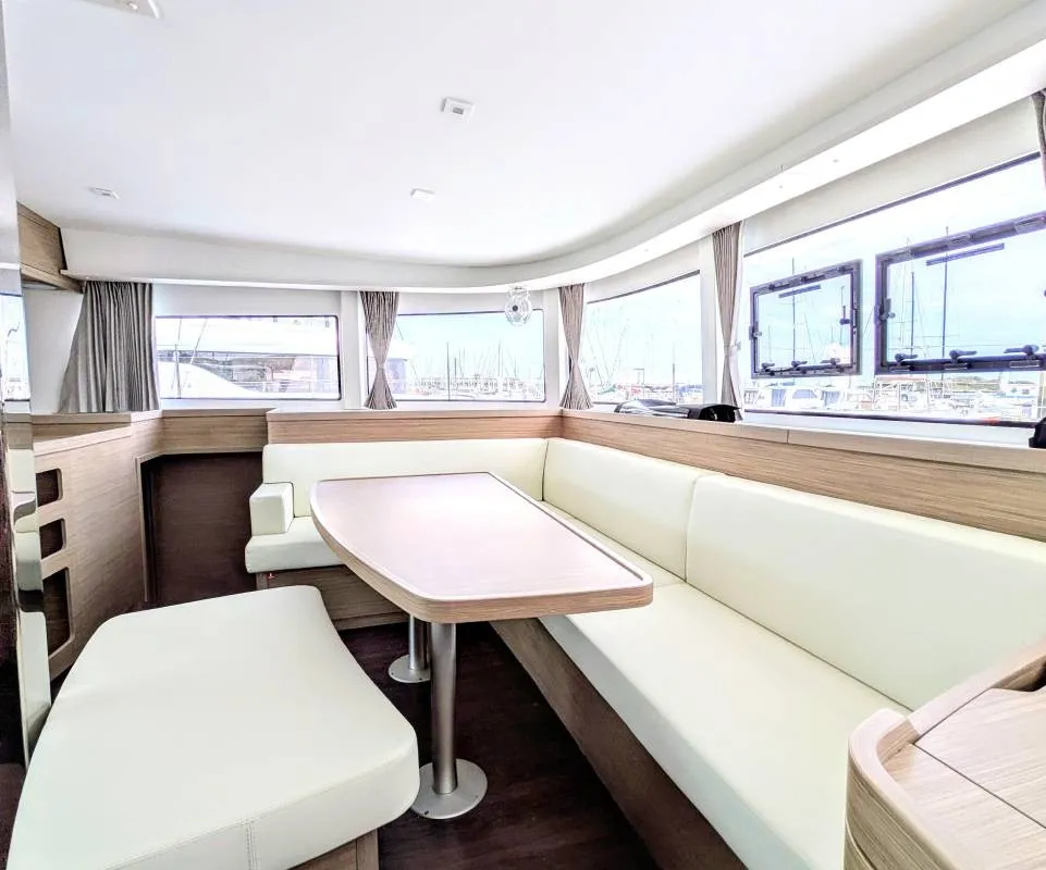 Salon of Zannannan, a Lagoon 42 catamaran at Roche Caiman, Seychelles