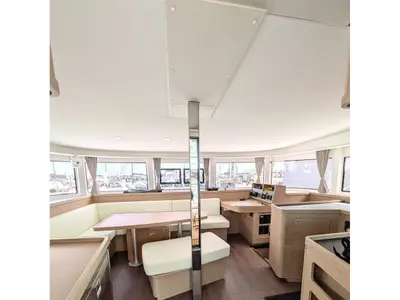 Salon of Zannannan, a Lagoon 42 catamaran at Roche Caiman, Seychelles