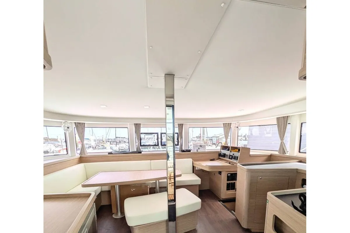 Salon of Zannannan, a Lagoon 42 catamaran at Roche Caiman, Seychelles