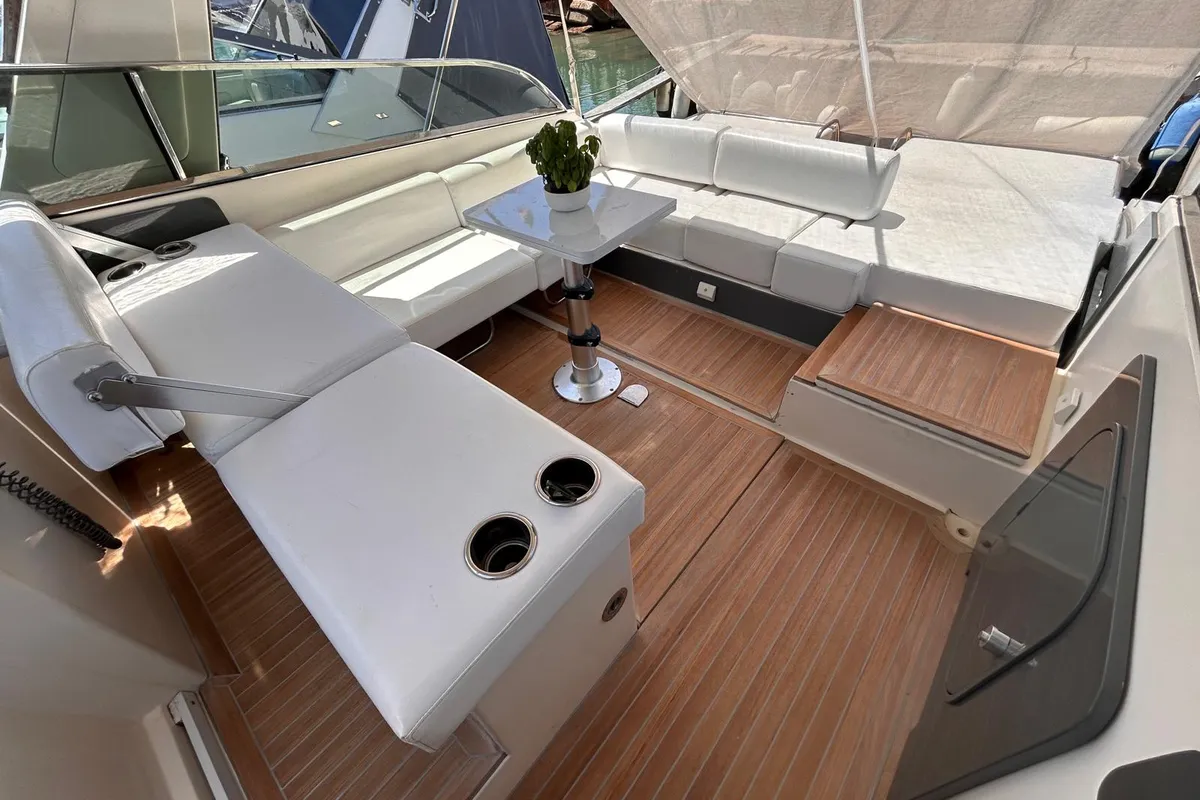 Deck of Serena, a Gulet Conam Synthesi 40 Special motorboat at Nettuno, Italy