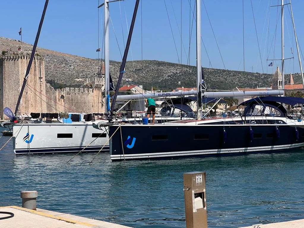 Exterior view of Elly Blu, a D&D Kufner 54 sailboat at Salerno, Italy