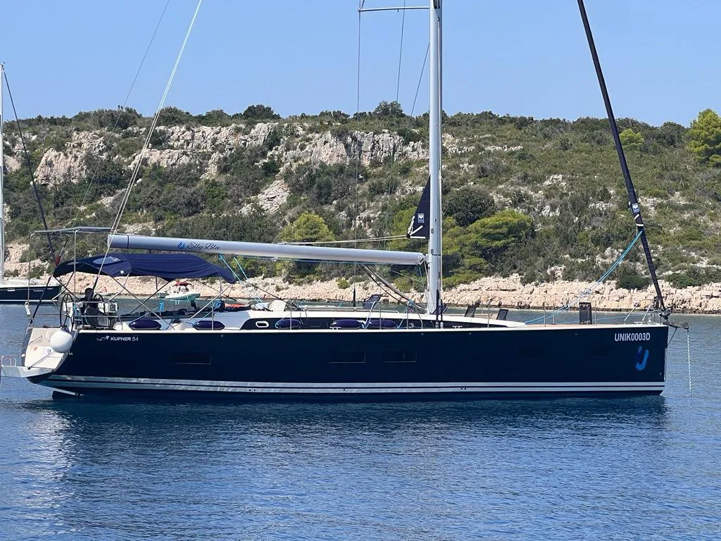 Exterior view of Elly Blu, a D&D Kufner 54 sailboat at Salerno, Italy