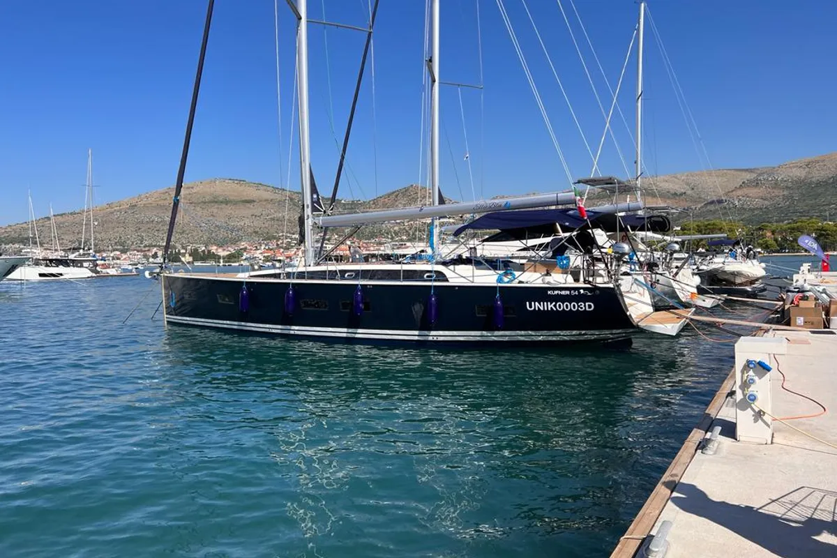 Exterior view of Elly Blu, a D&D Kufner 54 sailboat at Salerno, Italy