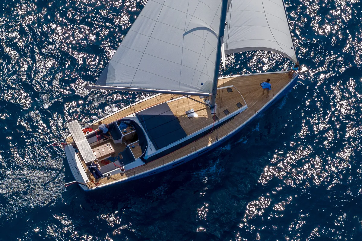Exterior view of Elly Blu, a D&D Kufner 54 sailboat at Salerno, Italy