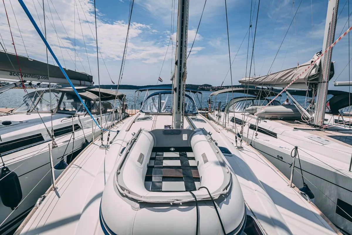 Deck of Ana B., a Jeanneau Sun Odyssey 49i sailboat at Seget Donji, Croatia