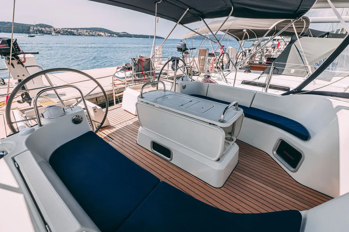 Cockpit of Ana B., a Jeanneau Sun Odyssey 49i sailboat at Seget Donji, Croatia